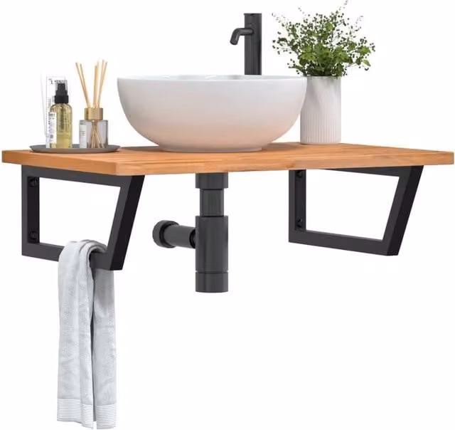 Berkfield Home Wall Mounted Basin Shelf in Brown Steel and Solid Beech Wood – 1