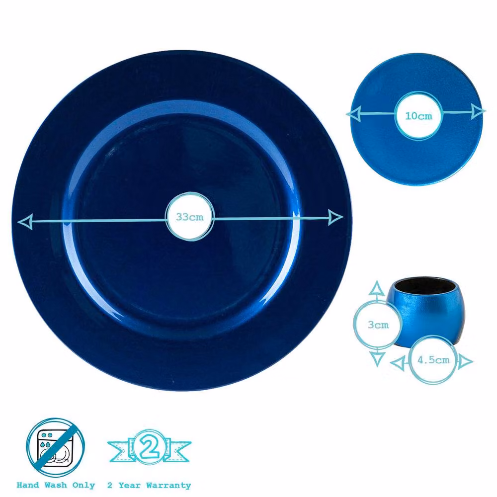 Argon Tableware 18pc Metallic Blue Melamine Charger Plates, Coasters and Napkin Rings Set, Diameter: 33 cm – 5
