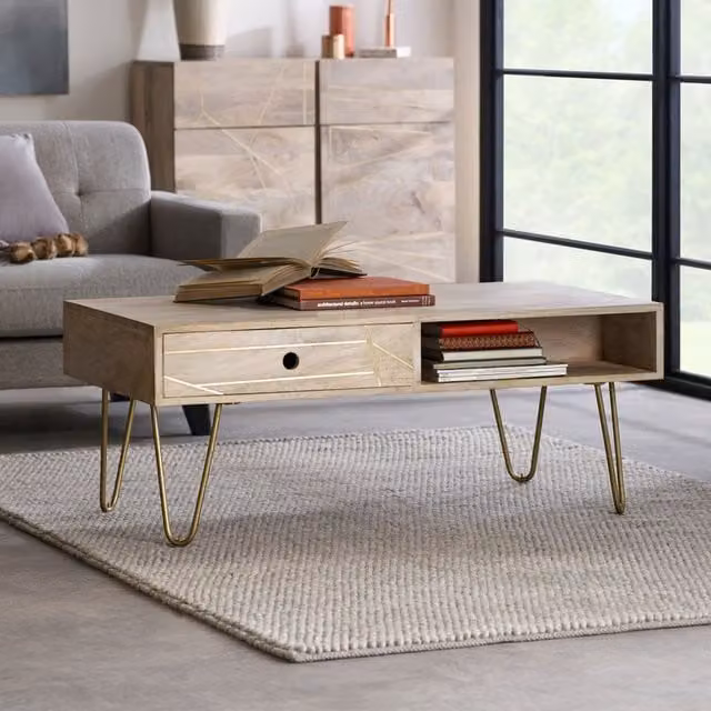 IH Design Mid-Century Rectangular Mango Wood Coffee Table in Gold and Brown