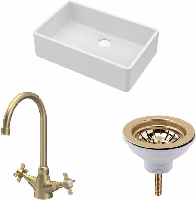 Balterley White Ceramic Single Bowl Butler Sink with Brushed Brass Mono Crosshead Mixer Tap and Waste, Width: 79.5 cm