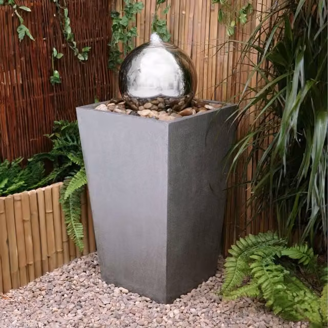 Primrose Stainless Steel Round Sphere and Column Tabletop Water Feature with Lights in Silver