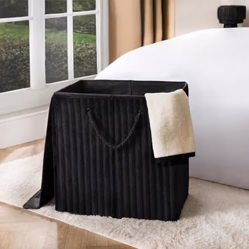 OHS Collapsible Ribbed Faux Fur Laundry Basket with Lid and Rope Handles, Black, W: 45 cm, D: 49 cm, H: 31 cm