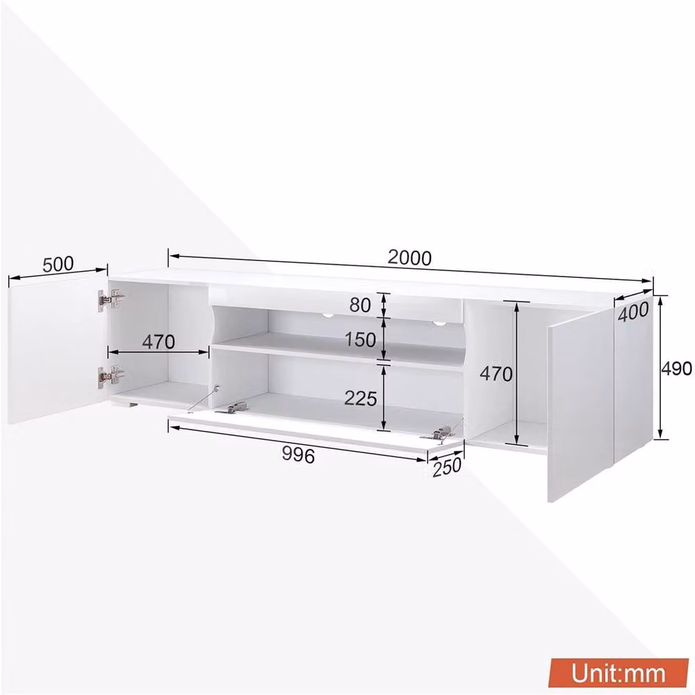 Havendro Modern High Gloss White MDF TV Stand Cabinet Unit W: 200 cm, D: 40 cm, H: 49 cm – 2
