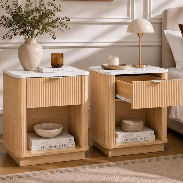 Merax Set of 2 Fluted Bedside Tables with Marble Effect Top Drawer and Open Shelf in Light Oak – 1