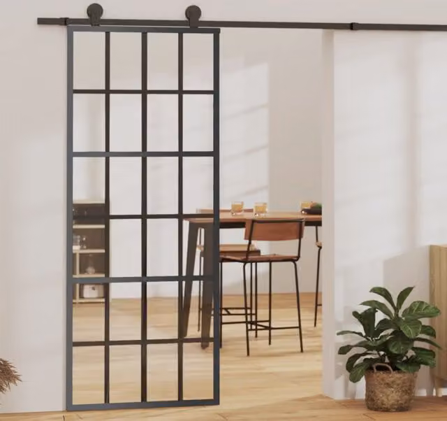 Berkfield Home Sliding Glass and Aluminium Door with Hardware Set, Black, W: 76 cm, H: 205 cm