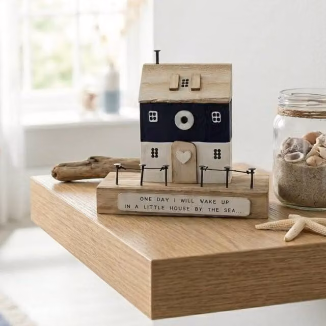Garden Greatness House By The Sea Rustic Wooden Tabletop Ornament in Multicolour and Blue