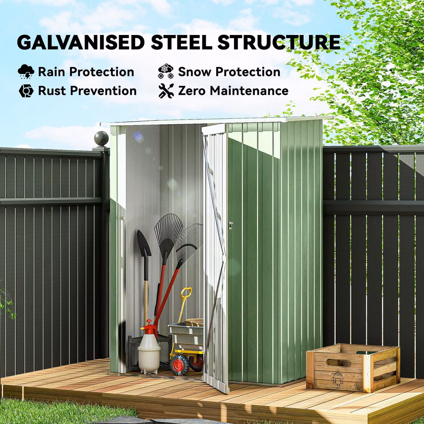 Outsunny Steel Tool Cabinet with Sloped Roof and Lockable Single Door, Green, W: 140 cm, D: 80 cm, H: 140 cm – 4