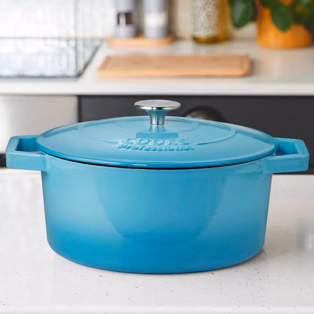 Cooks Professional Blue Enamelled Cast Iron Casserole Dish, 26 cm