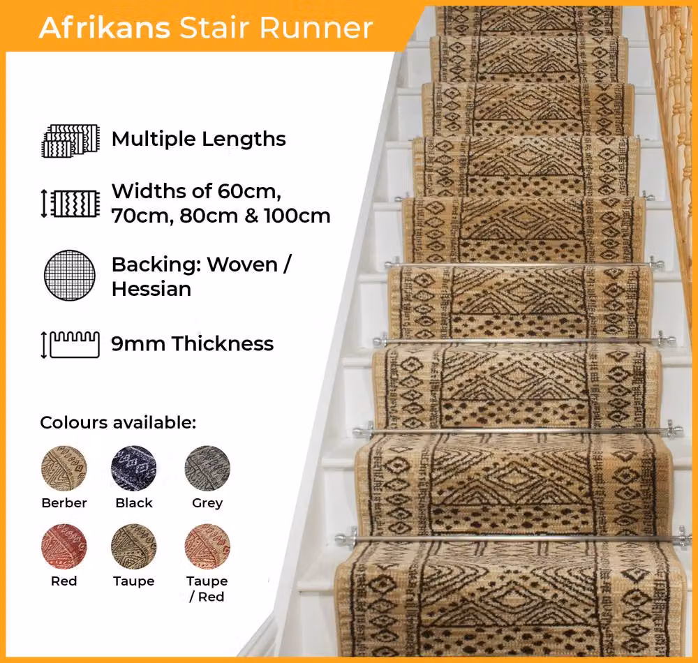runrug Afrikans Stair Runner Carpet in Red, W: 100 cm, L: 720 cm – 2