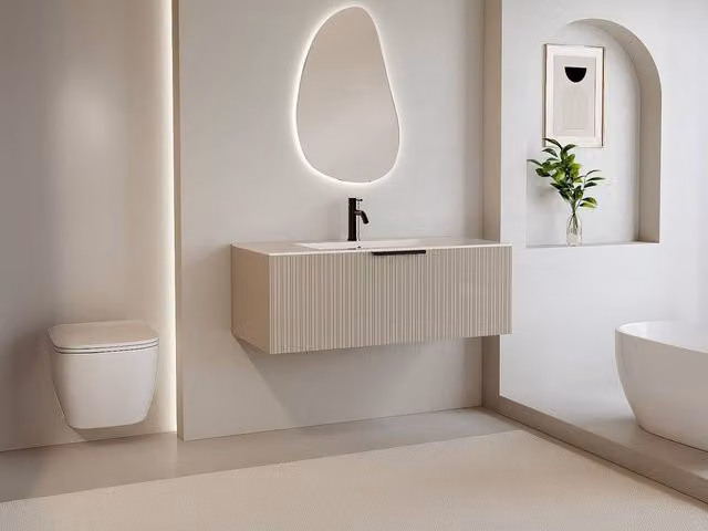 Vente-unique Fluted Wall-Hung Bathroom Unit with Inset Basin in Beige and White, W: 100 cm