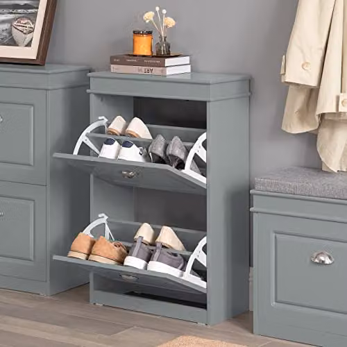 SoBuy Slim Shoe Cabinet with 2 Tilting Compartments and Integrated Seat, Grey, W/D/H: 53 x 24 x 82 cm – 2
