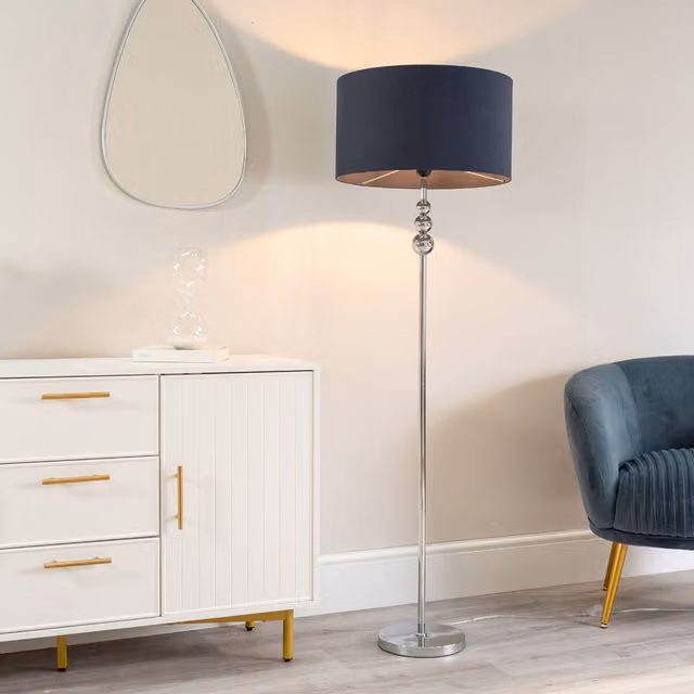 ValueLights Marissa Chrome Floor Lamp with Blue Fabric Drum Shade and Bulb