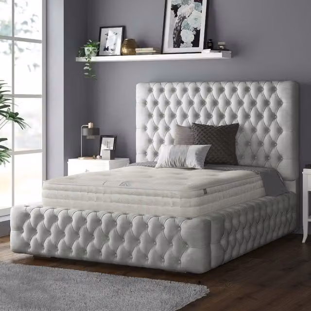 IH Design Royal Cushioned Chesterfield Plush Velvet Bed Frame, Silver, 180 x 200 cm