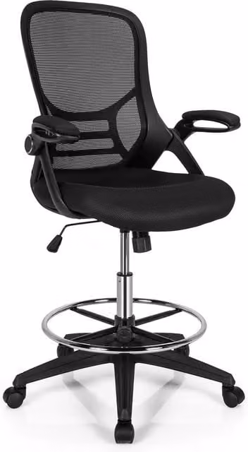 Costway Ergonomic Mid-Back Swivel Drafting Chair with Armrests and Foot Ring in Black – 1