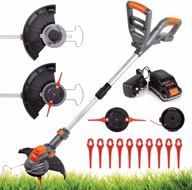 Terratek 20V 2 in 1 Electric Cordless Grass Strimmer and Garden Trimmer with Rechargeable Battery and Blades in Orange – 1