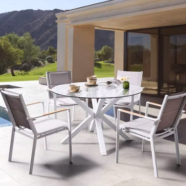 Wyld and Coco Round Garden Dining Table with Taupe Glass and White Powder Coated Aluminium Base, Diameter: 120 cm