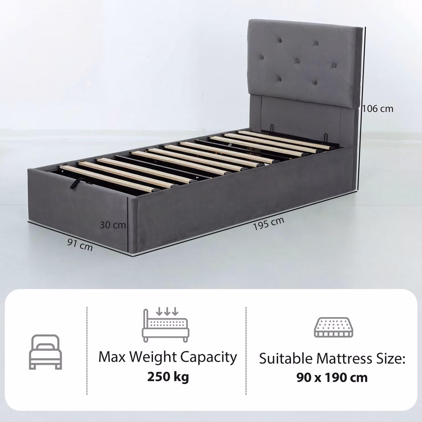 HOMCOM Grey Velvet Upholstered Single Bed Frame with Gas Side Lift Storage and Tufted Headboard for 90 x 190 cm Mattress – 3