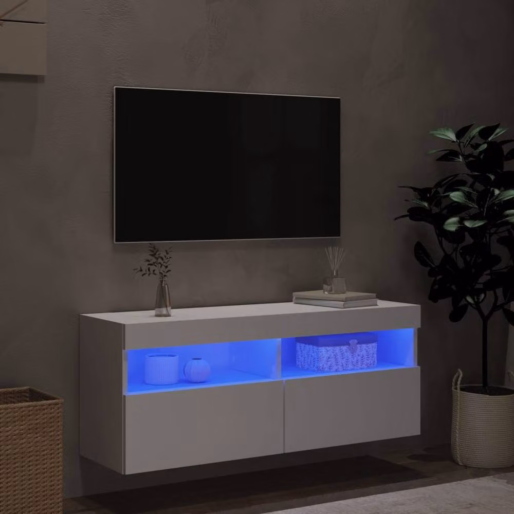 Berkfield Home Modern TV Wall Cabinet with LED Lights in White, W/D/H: 100 x 30 x 40 cm – 3