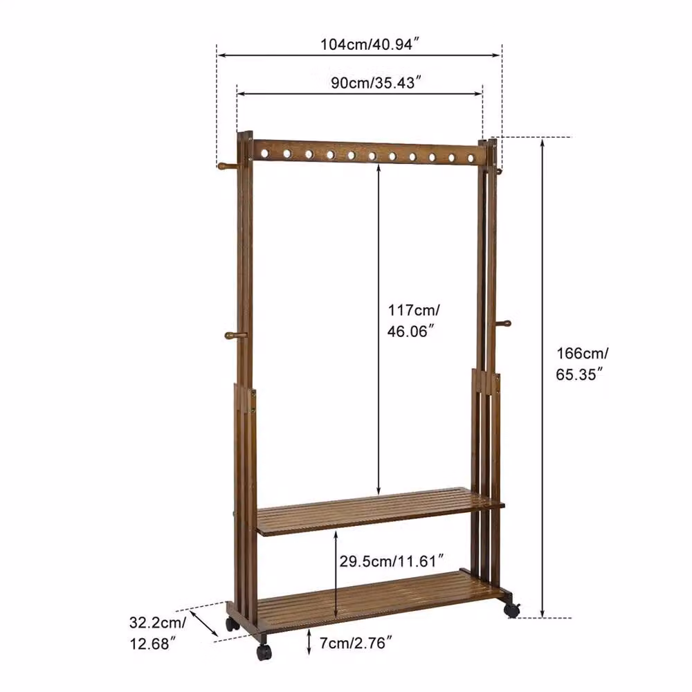 NESTLUNE Heavy Duty Vintage Bamboo Wood Clothes Rail with Rolling Wheels in Brown – 2