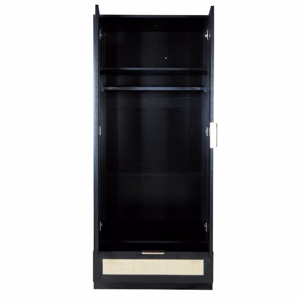 FURNITURE ONE Black 2-Door Rattan Wardrobe Closet with Drawer, H 185 x W 80 x D 55 cm – 2