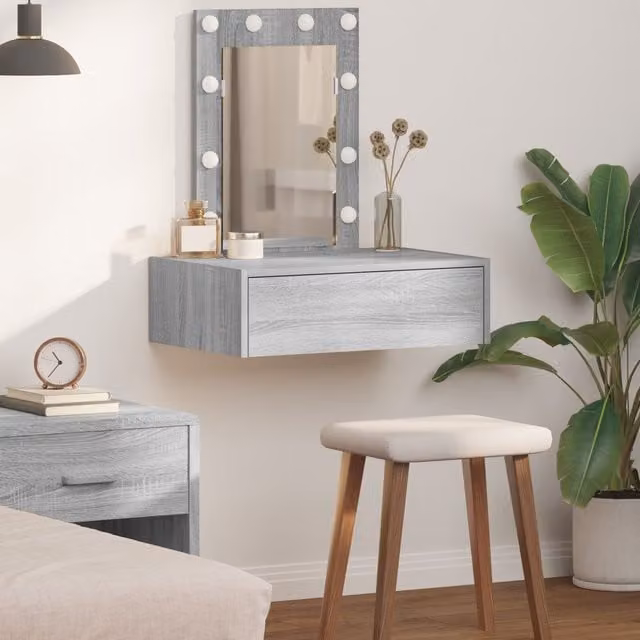 Berkfield Home Wall Hanging Dressing Table with Hollywood LED Lights in Grey Sonoma, W: 70 cm, H: 60 cm, D: 40 cm