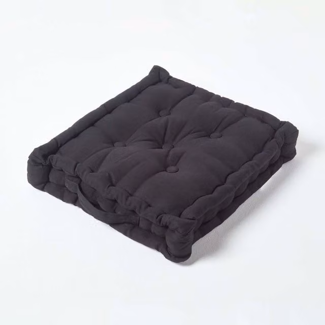 Homescapes Cotton Floor Cushion in Black, Height: 10 cm