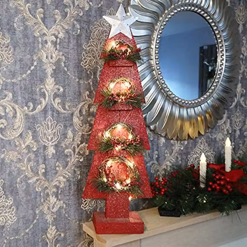 Shatchi Red Wooden Christmas Tree Tabletop Centrepiece with Wreath and 15 Warm White Bulbs, H 80 x W 10 x D 10 cm – 3