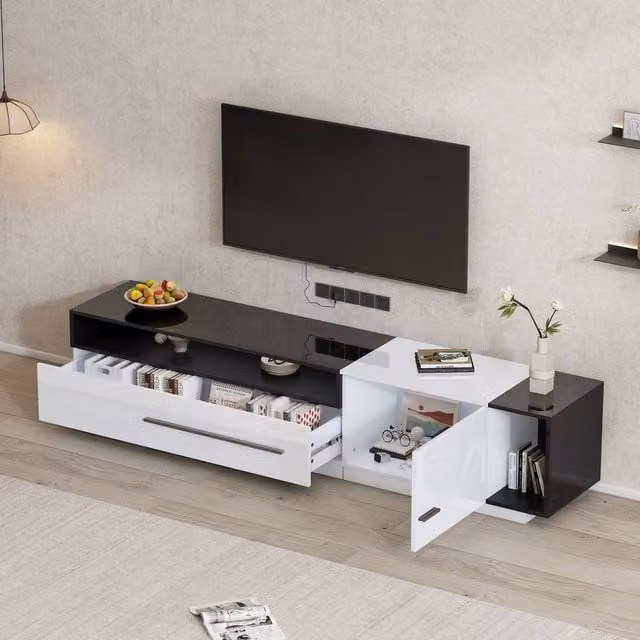 Merax 70 Inch High Gloss TV Stand Media Unit with Drawer and Shelves in White