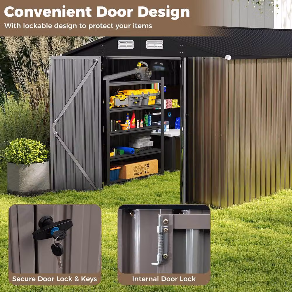 Costway Grey Galvanised Steel Outdoor Storage Shed with Pent Roof and Double Doors, W/D/H: 226 x 197 x 236 cm – 5