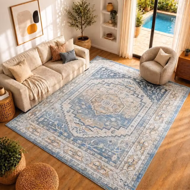 Livabliss Lilian Washable Vintage Boho Living and Dining Room Rug in Blue and Brown, W: 160 cm, D: 215 cm – 1