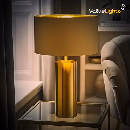 ValueLights Antique Brass Single Stem Touch Dimmer Table Lamp with Black and Gold Fabric Shade – 2