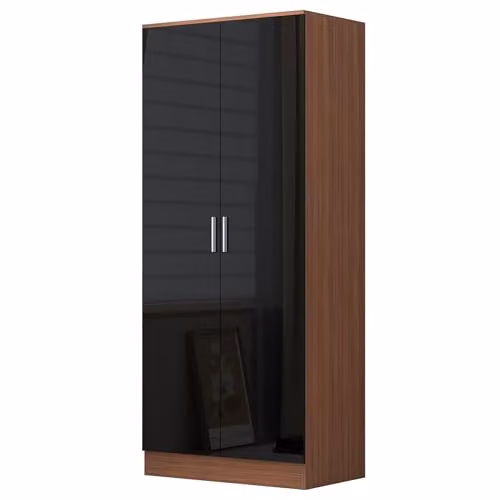 REFLECT Modern Bedroom Furniture Set in Black Gloss and Walnut Finish featuring 2 Door Wardrobe, 5 Drawer Tallboy Chest, 2 Drawer Bedside Table and Dressing Table – 2