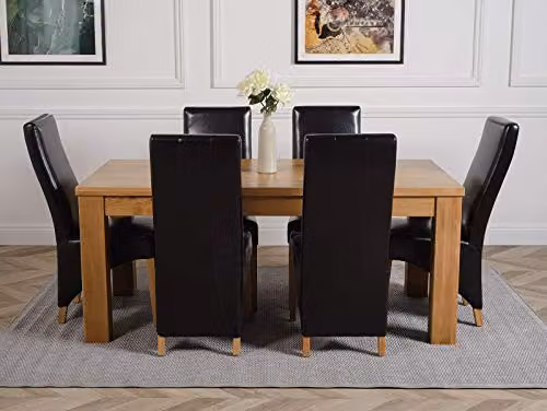 Thats Furniture Dakota Oak Dining Table and 6 Lola Black Leather Chairs Set, W: 182 cm, D: 92 cm, H: 77 cm – 2