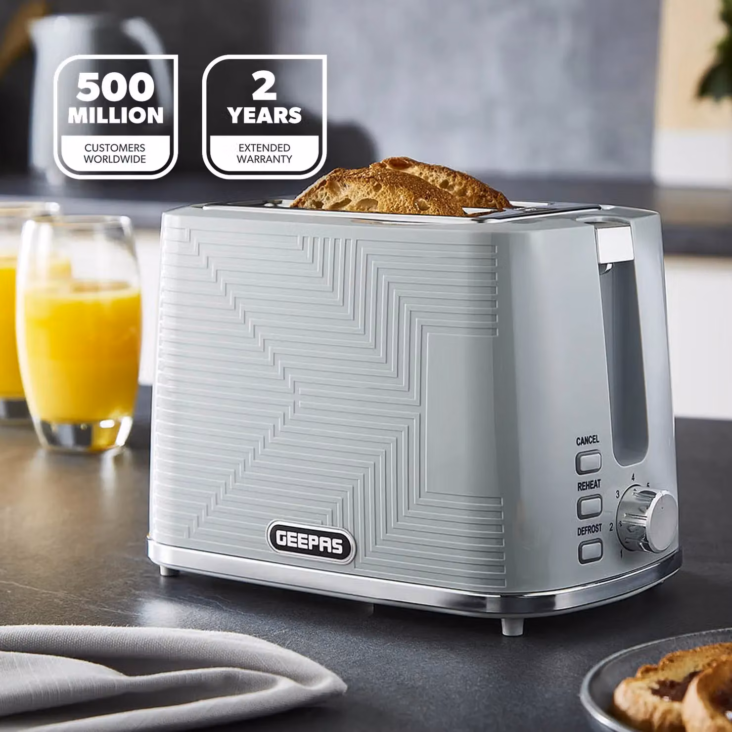 Geepas Opus Collection 2 Slice Bread Toaster with 7 Level Browning Control and Crumb Tray in Grey – 2