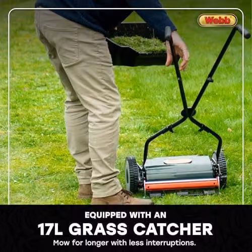 Webb WEH30 Sidewheel Manual Hand Push Cylinder Lawnmower in Black and Green with 4 Cutting Heights, 30cm Cutting Width and 17L Collection Bag – 5