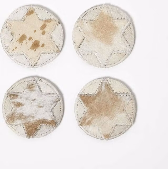 Homescapes Round Geometric Leather Coasters, Set of 4, Brown and Beige