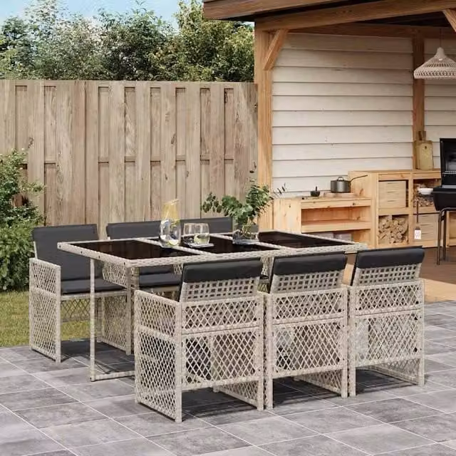 Berkfield Home 7 Piece Modern Garden Dining Set with Grey Poly Rattan and Glass Table – 1