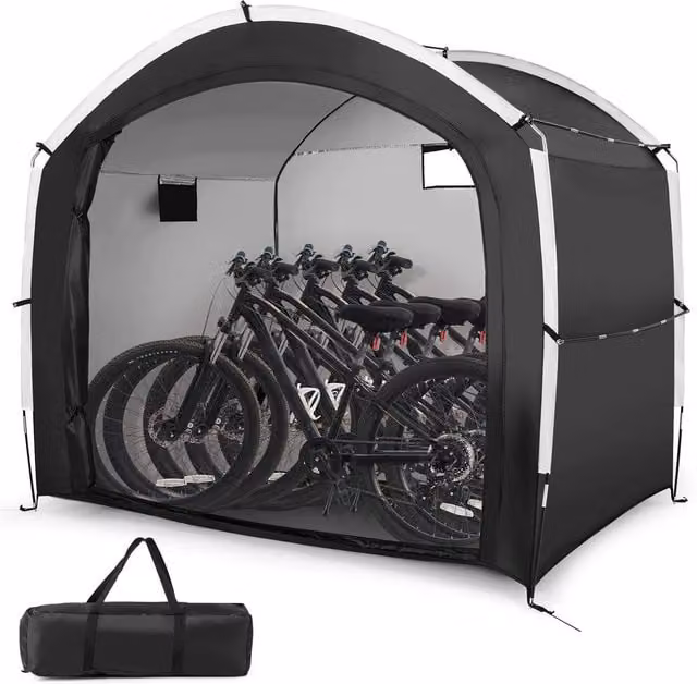 Gymax Portable Bike Storage Shed Tent in Black with Mesh Ventilation, W: 220 cm, H: 190 cm