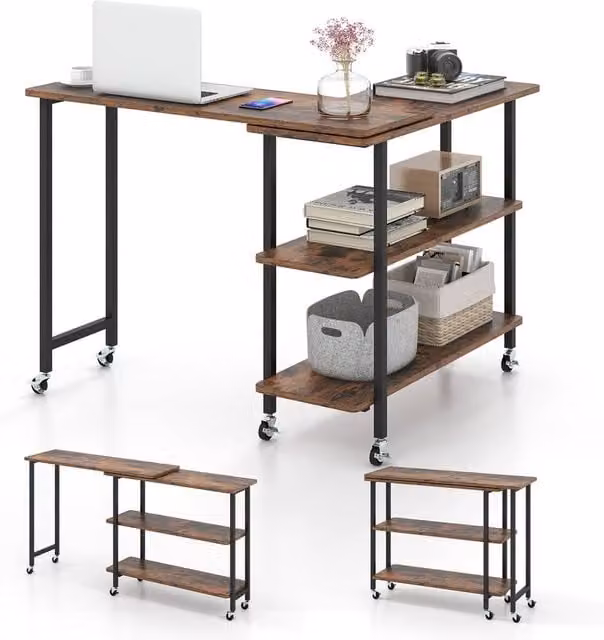 Costway L-shaped Mobile 360 Rotating Corner Computer Desk in Brown