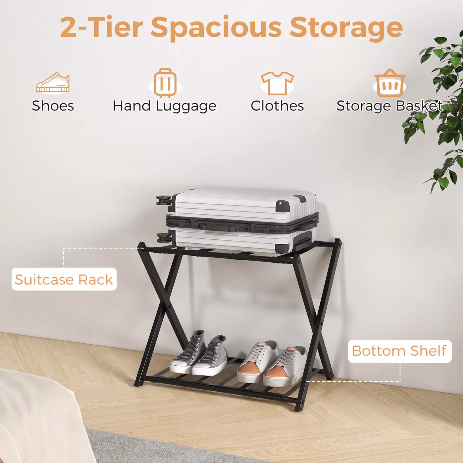 Gymax Folding Metal Luggage Rack Holder with Shelf and Belts in Black – 3