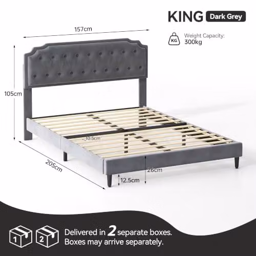 MCC Direct Chelsey Velvet Upholstered King Size Bed Frame with Tufted Headboard in Grey, W/D/H: 180 x 200 cm – 2
