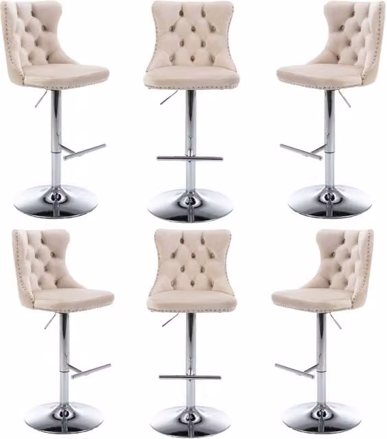 Modern Home Touch Set of 6 Luxury Velvet Adjustable Swivel Bar Stools in Beige with Gold Metal Base – 1