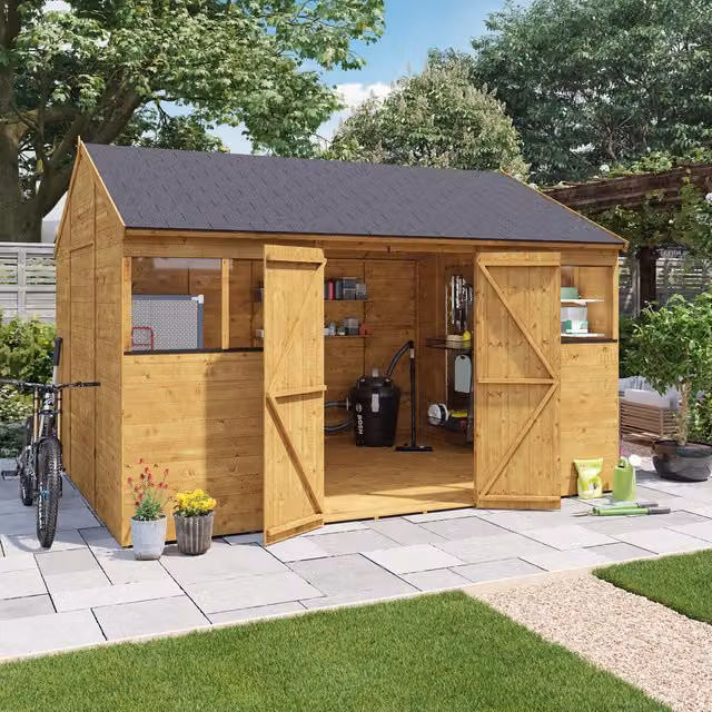 BillyOh Rustic Brown Wooden Reverse Apex Workshop with Gable and Windows