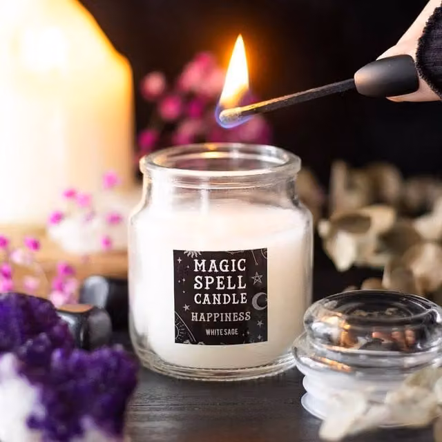 Uniqueful White Sage Happiness Spell Pillar Votive Candle in a White Glass Jar
