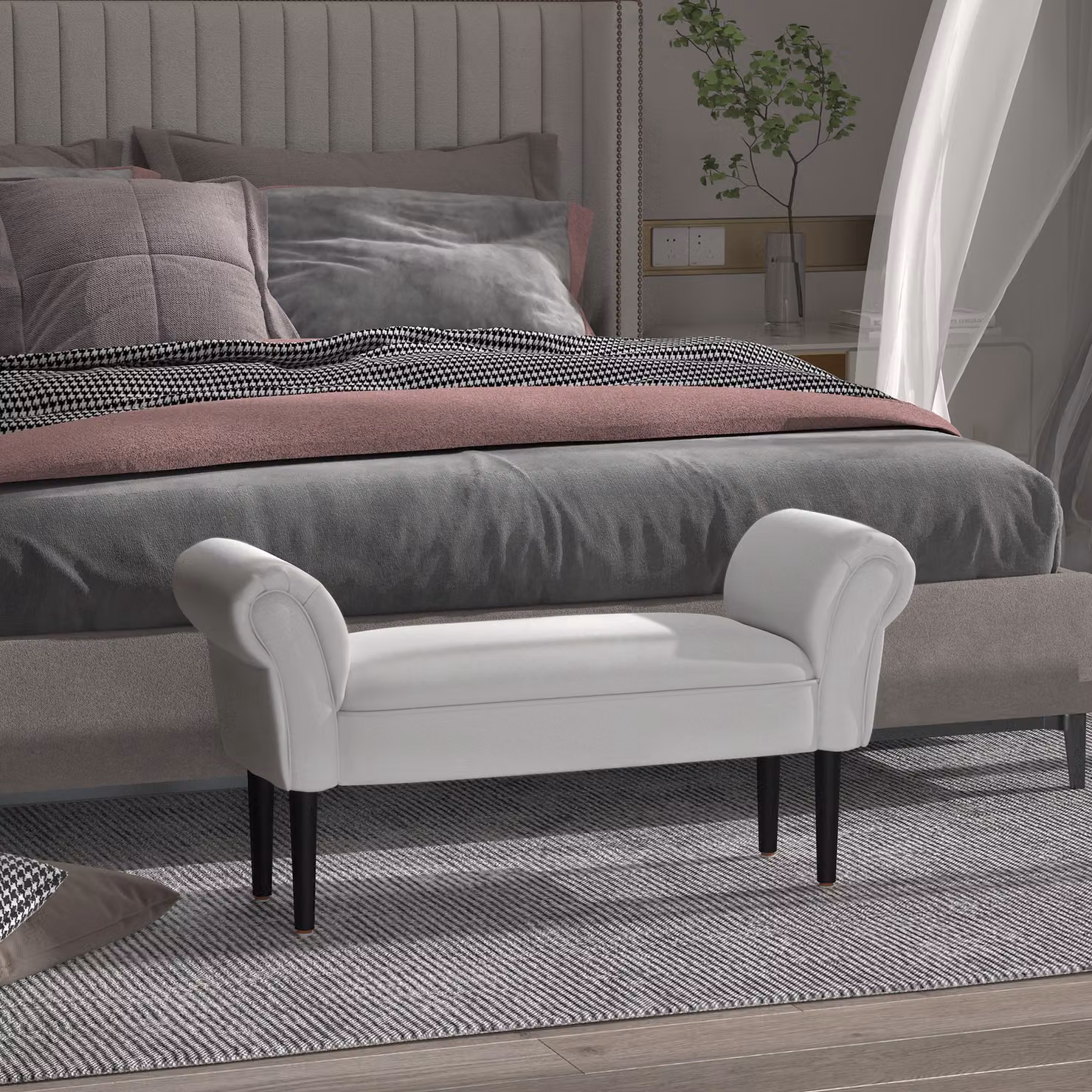 HOMCOM Small Grey Linen Upholstered Ottoman Bench with Rolled Arms and Wooden Legs – 2