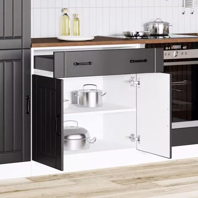 Berkfield Home Lucca Black Matt MDF Freestanding Kitchen Sink Base Cabinet with Hinged Doors and Internal Shelves