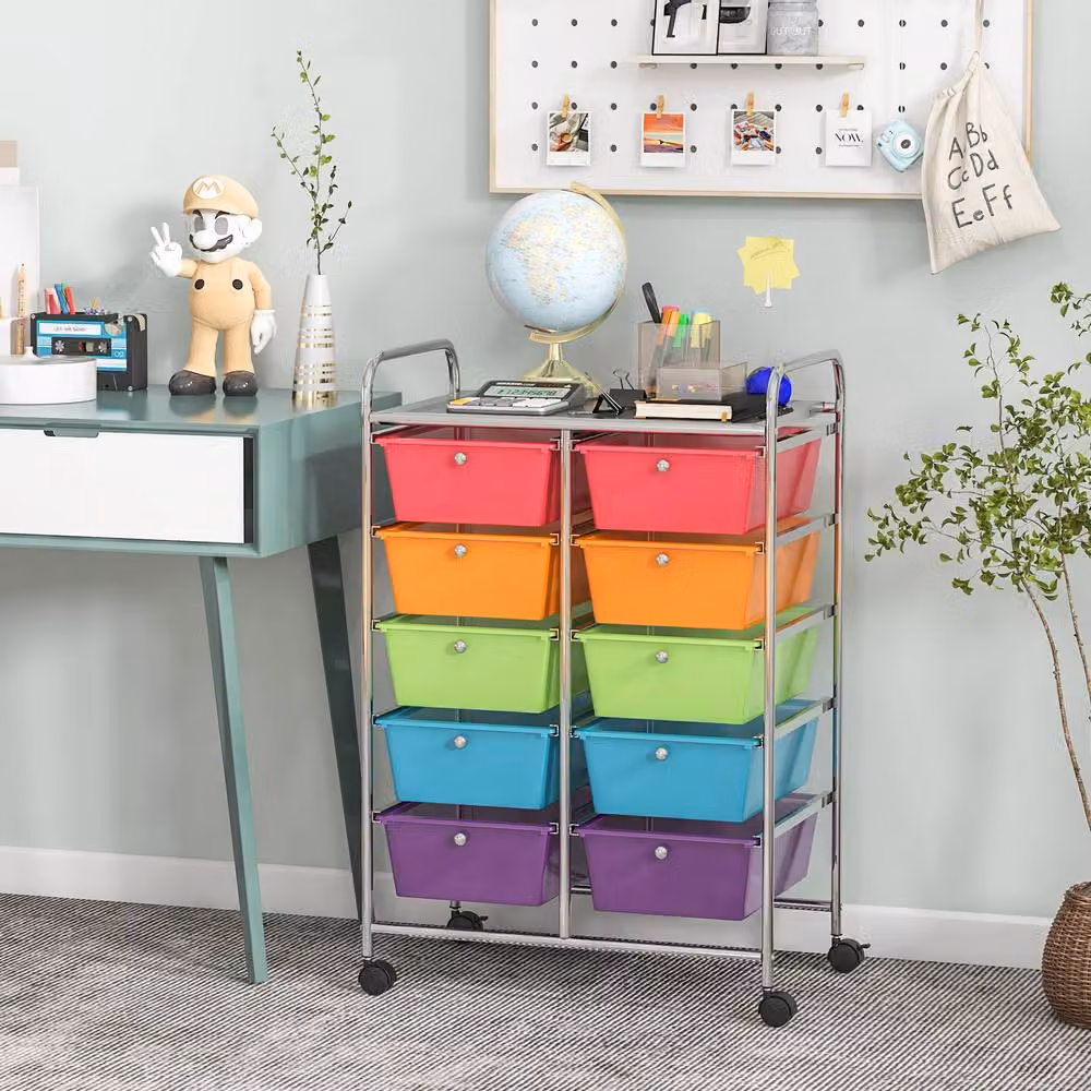 Costway 10 Drawer Mobile Storage Trolley with Castors, Multicolour Metal Utility Cart for Home, Office or Kitchen – 2