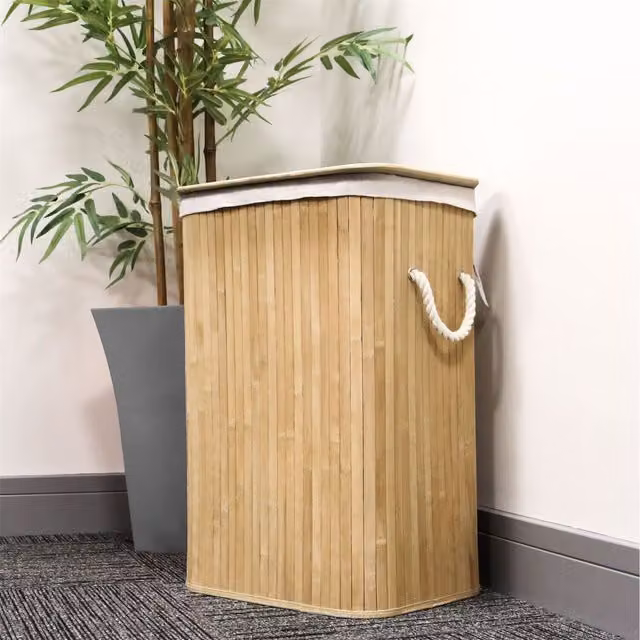 Maison & White Bamboo Laundry Hamper Basket with Removable Cotton Bag in Brown and Red