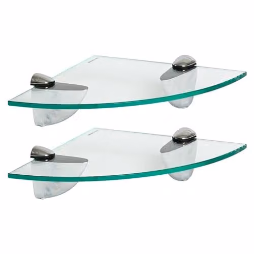 Harbour Housewares Pack of 2 Floating Glass Corner Shelves with Silver Metal Brackets for Bathroom Storage – 1