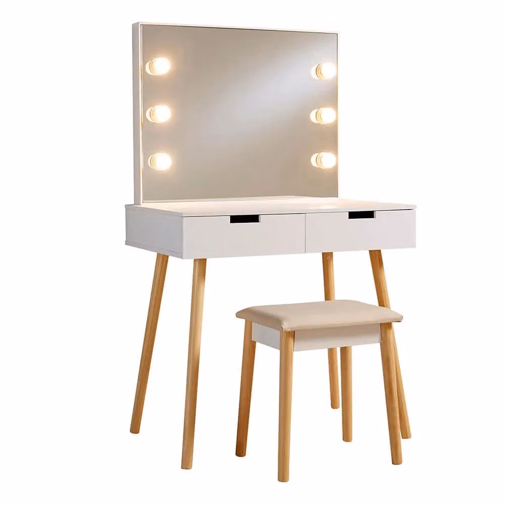 Home Source Glamour White Dressing Table Set with Hollywood LED Mirror and Padded Stool – 2